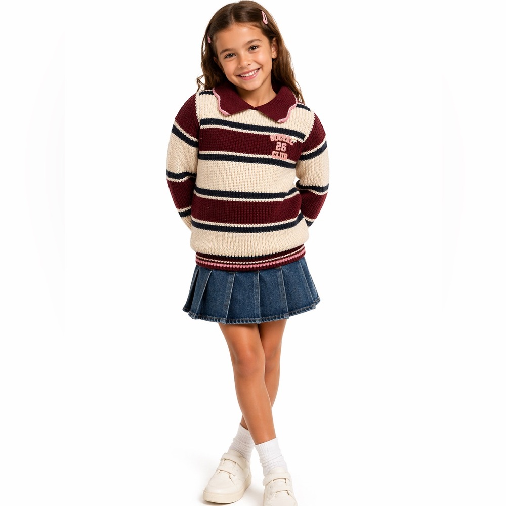 Zara Striped Knit Polo Sweater in Cream & Burgundy size 6 Girl
